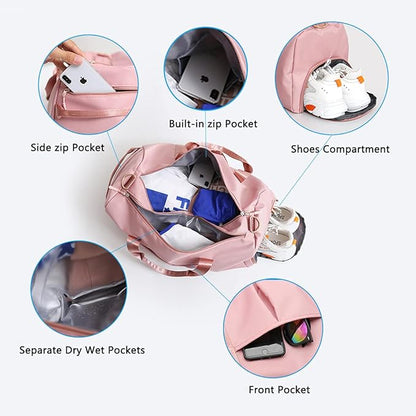 ZUEVI Sports Gym Duffel Bag for Men or Women Waterproof Weekender Travel Bag with Shoes Compartment Dry and Wet Separation for Training Swim Yoga(Pink)