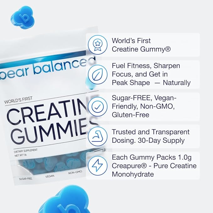 Creatine Gummies for Men & Women - Creatine Monohydrate, L-Theanine, L-Tyrosine & B12 for Muscle Growth, Strength, and Focus - Low Calorie, Sugar-Free, Vegan & Gluten-Free, 3 Pack