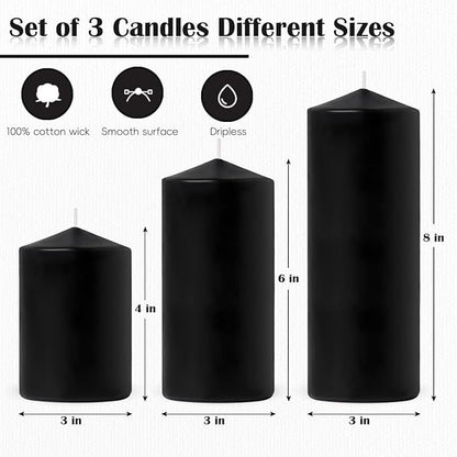 Set of 3 Different Size Black Pillar Candles, Unscented Dripless Large 3x4 3x6 3x8 Inch Long Lasting Cylinder Column Wax Candles for Halloween Home Table Decor Power Outage Emergency Hurricane