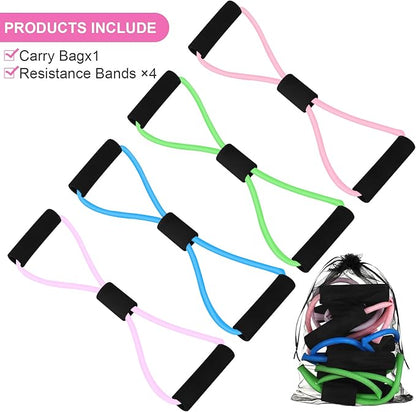 Figure 8 Shaped Resistance Bands -4-Pack Workout Bands with Handles Figure, 8 Exercise Bands for arm Shoulder Stretching, Leg Stretching, Yoga, Pilates, Home Gym Workout Equipment for Women Men