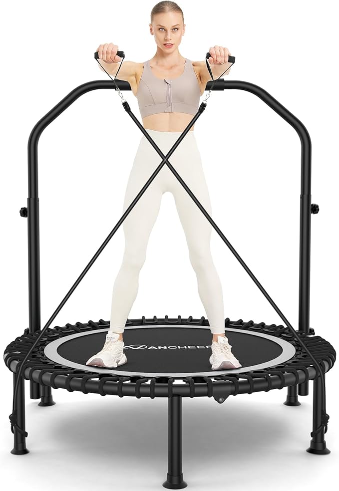 ANCHEER 40" Foldable Mini Trampoline,Max Load 450lbs/550lbs Indoor Trampoline,with 4 Level Adjustable Foam Handle and Resistance Bands,Adult Exercise Trampoline for Home, Garden, and Gym