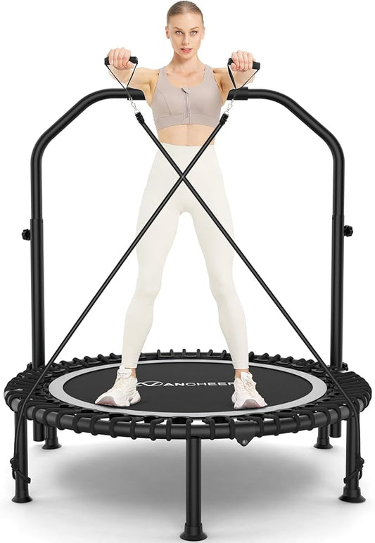 ANCHEER 40" Foldable Mini Trampoline,Max Load 450lbs/550lbs Indoor Trampoline,with 4 Level Adjustable Foam Handle and Resistance Bands,Adult Exercise Trampoline for Home, Garden, and Gym
