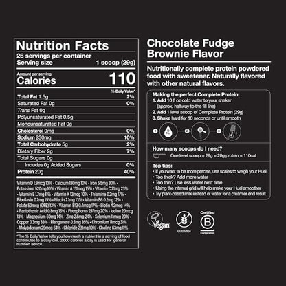 Huel Vegan Protein Powder | Chocolate Fudge Brownie | Complete Nutrition | 20g Protein Powder | 100% Plant-Based | 27 Vitamins & Minerals, Gluten Free, Non-GMO, Lactose Free | 26 Servings