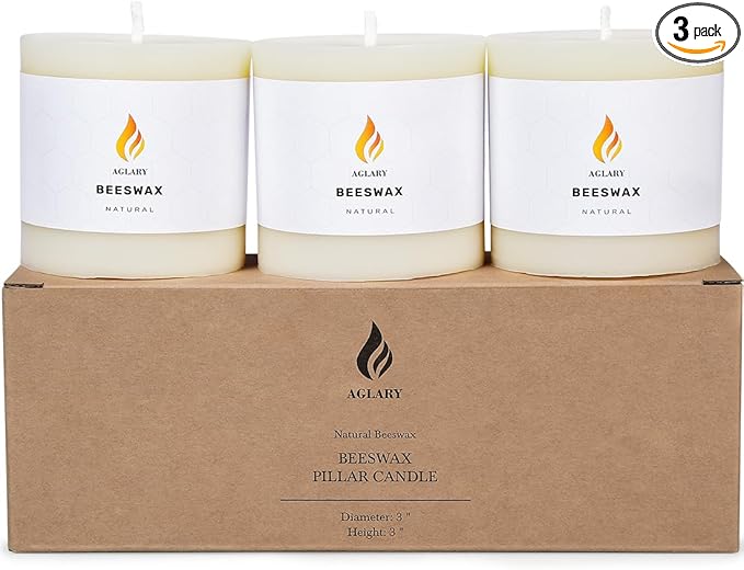 3PCS 3"x 3" Beeswax Pillar Candles, Made of Pure Natural Beeswax, with Ultra Long Burning Time and Low Allergenicity-White
