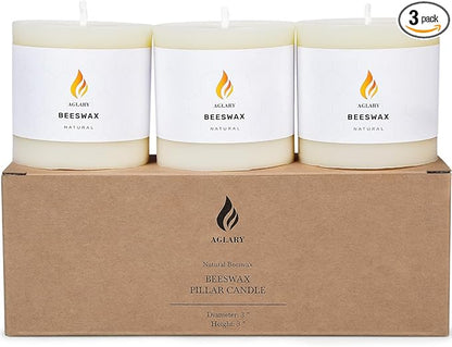 3PCS 3"x 3" Beeswax Pillar Candles, Made of Pure Natural Beeswax, with Ultra Long Burning Time and Low Allergenicity-White