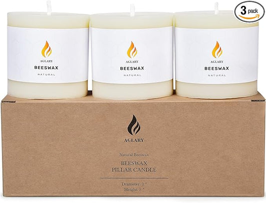 3PCS 3"x 3" Beeswax Pillar Candles, Made of Pure Natural Beeswax, with Ultra Long Burning Time and Low Allergenicity-White