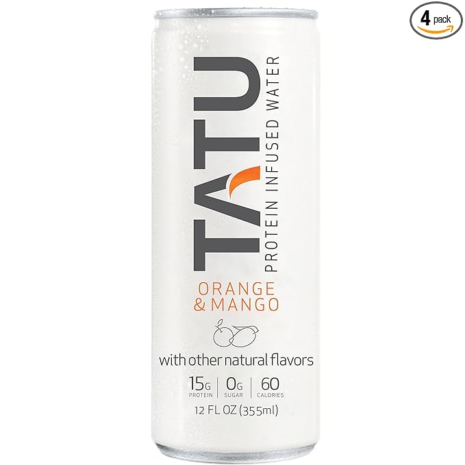 TATU Ready-To-Drink Protein Infused Water Orange Mango 4 Pack. 15 grams of whey protein isolate, 0 grams of sugar, only 60 calories. Lemon Ginger and Orange Mango. Gluten Free, lactose free.