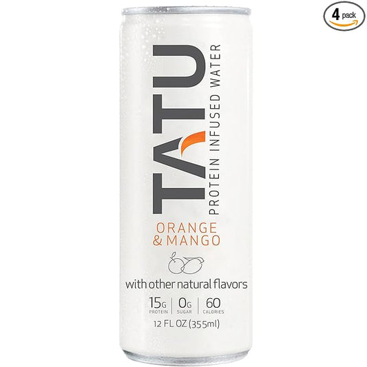 TATU Ready-To-Drink Protein Infused Water Orange Mango 4 Pack. 15 grams of whey protein isolate, 0 grams of sugar, only 60 calories. Lemon Ginger and Orange Mango. Gluten Free, lactose free.