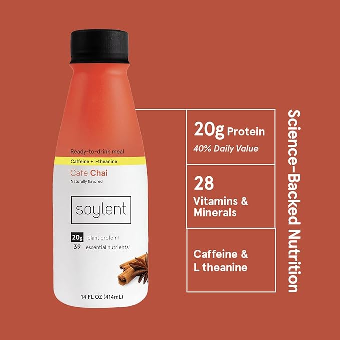 Soylent Complete Nutrition Gluten-Free Vegan Protein Meal Replacement Shake, Cafe Chai, 14 Oz, 12 Pack