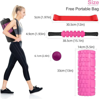 5 in 1 Foam Roller Set Includes Hollow Core Massage Roller, Yoga Stick, Massage Ball, Fitness Stretching Strap, Carrying Bag, Towel, Massage Roller (Pink)