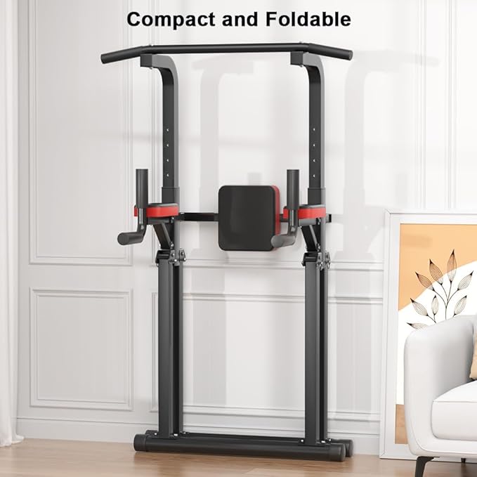Foldable Power Tower, Adjustable Multifunction Pull Up Bar Tower Station, Pullup Dip Station Rack for Home Gym