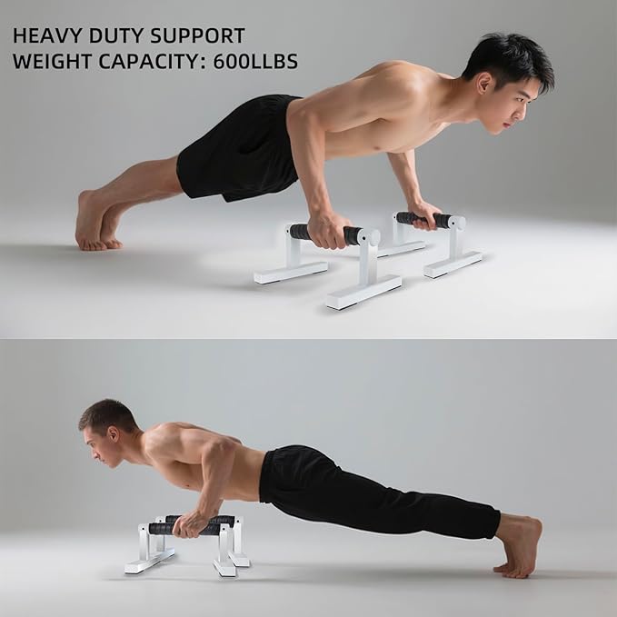 1 Pair Wooden Parallettes Push Up Bars for Men, Strength Training Pushup Stands Handles for Home Calisthenics, Fitness, Floor Workouts Solid Wood with White Metal Bracket - Support 500 lbs