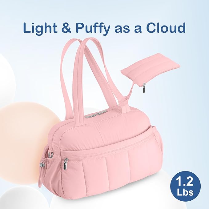 TOPDesign Travel Duffel Bag for Women, Puffer Gym Bag Sports Tote with Wet Pocket, Carry On Weekender with Luggage Sleeve (Baby Pink)