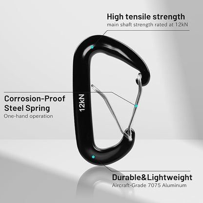 4-Pack Carabiner Clips Heavy Duty-12KN, 7075 Aircraft Aluminum Carabiners with Wiregate - Lightweight, D-Ring Key Hook, Fit for Hammock, Hiking, Camping, Dog Leash, Keychains（Black）