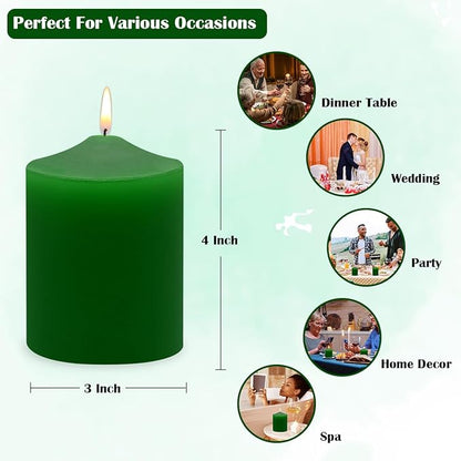 3x4 Inch Green Pillar Candles, 3 Packs Unscented Smokeless Pillar Candles for Christmas, St. Patrick's Day, Easter, Wedding, Party, Home and Dinner Table Decoration, 45 Hours Burn