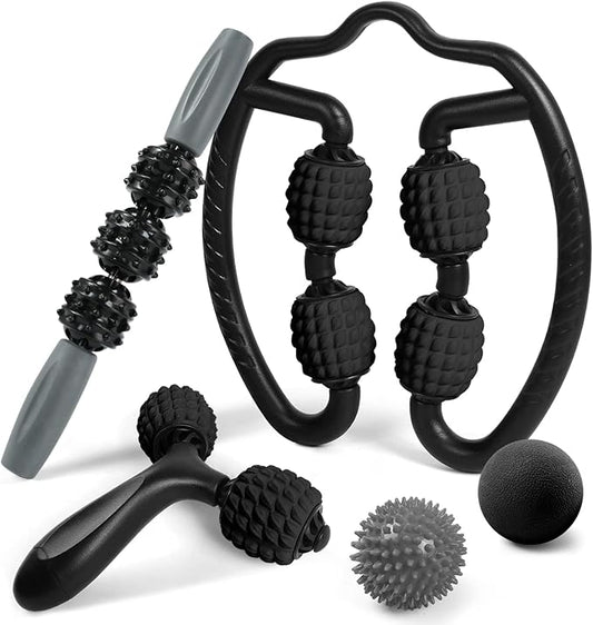 Odoland Foam Roller Set with 360° Trigger Point Massage Roller, Muscle Roller Stick, Y Shaped Handheld Roller, 2 Massage Ball for Leg, Arms, Muscle Myofascial and Deep Tissue Pain Relief, Black