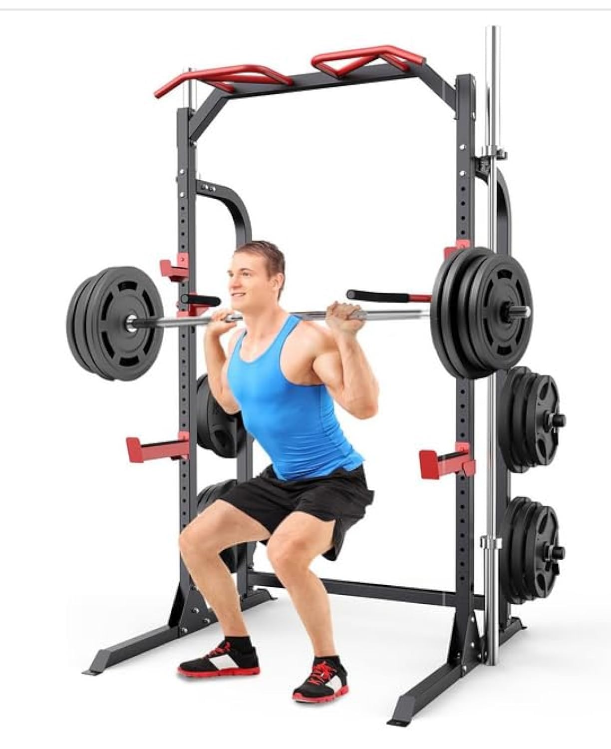 SunHome Power Cage Squat Rack, Multi-Functional Power Rack with J-Hooks, Dip Handles, Weight Plate