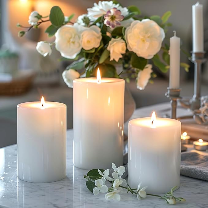 3 Packs Unscented Different Sizes White Pillar Candles, Non-Toxic Dripless Smokeless 3x4, 3x6, 3x8 Inch Cylinder Candles for Wedding, Home Decor, Dinner Table, Party, Power Outage, Emergency