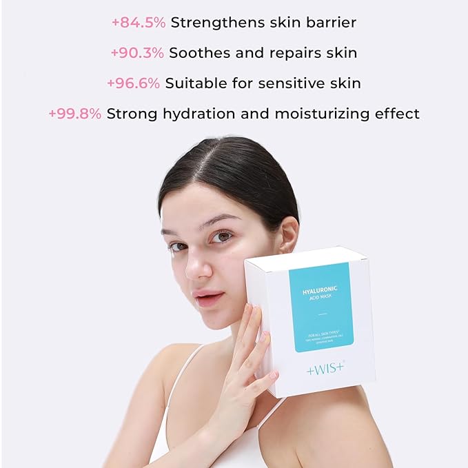 '+WIS+ Hyaluronic Acid Face Mask 24 EA with Hyaluronic Acid Serum and Vitamin B5, Hydrating Facial Mask for Dry Skin, Anti-Aging Mask to Plump and Repair Dehydrated Skin, Safe on Sensitive Skin