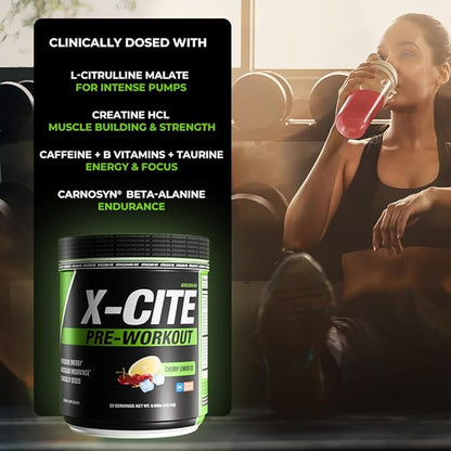 X-CITE Pre-Workout by ATHLEAN-X - Enhanced Formula with Beta-Alanine, Creatine & Caffeine for Ultimate Energy, Endurance, Focus & Muscle Pump, NSF Certified for Sports (22 Servings, Cherry Lemon Ice)