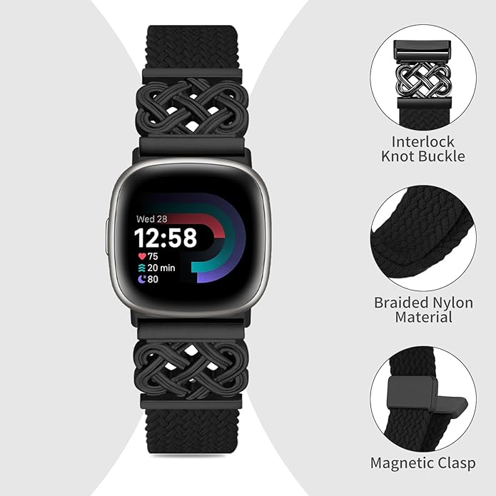 Braided Band Compatible with Fitbit Versa 4 Bands for Woman/Versa 3/Sense 1/Sense 2 Band, Magnetic Clasp Fabric Nylon with Designer Interlock Buckle Straps for Fitbit Versa4/3/Sense1/2
