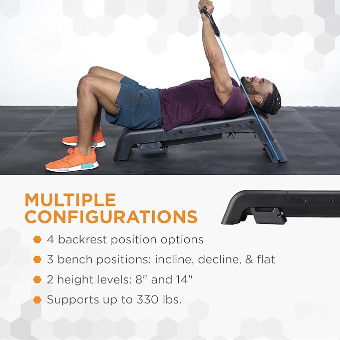 Power Systems Step Bench & Weight Bench | Aerobic Platform & Plyo Box for Cardio, Strength | Commercial Grade Full Body Home Gym Stepper | Adjustable Multifunctional Deck & Resistance Band Clips