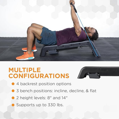 Power Systems Step Bench & Weight Bench | Aerobic Platform & Plyo Box for Cardio, Strength | Commercial Grade Full Body Home Gym Stepper | Adjustable Multifunctional Deck & Resistance Band Clips