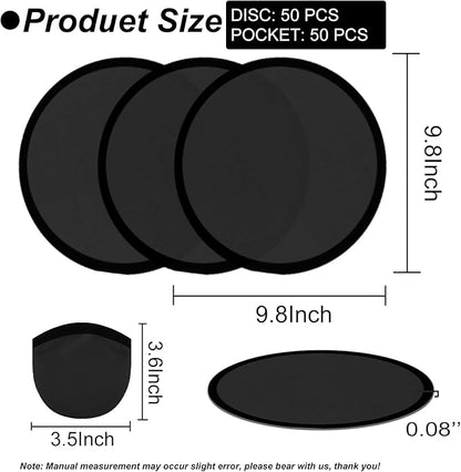 50PCS Foldable Flying Disc Fans with Bags, 9.8'' DIY Handheld Black Egde Fabric Folding Fan for Outdoor Game Activities Birthday Party Favors End of Year Student Gifts, Black