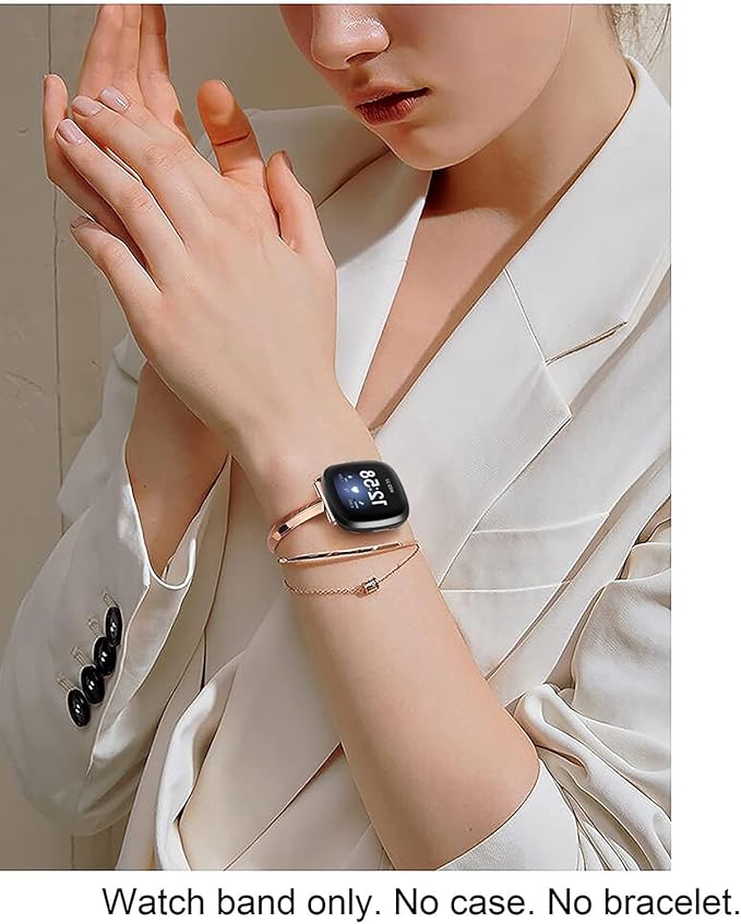 Silm Band Compatible with Fitbit Versa 4/Fitbit Sense 2 Band Cute Women, Bling Jewelry Metal Strap Replacement Compatible for Fitbit Sense/Versa 3 Women (Rose Gold)