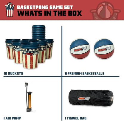 USA – Giant Yard Pong and Basketball Game with 12 Buckets, 2 Balls, Carrying Bag, and Air Pump – Outdoor Game for Lawn, Backyard, Beach, and Parties
