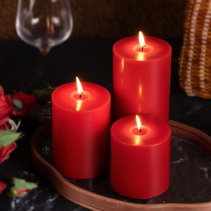 KONNI Red Pillar Candles Set of 3, 3"x 3" Unscented Pillar Candles Bulk, 30 Hours Long Burning Candles, Smokeless and Dripless Large Round Candle for Wedding, Home Decoration, Parties, Spas, Dinner