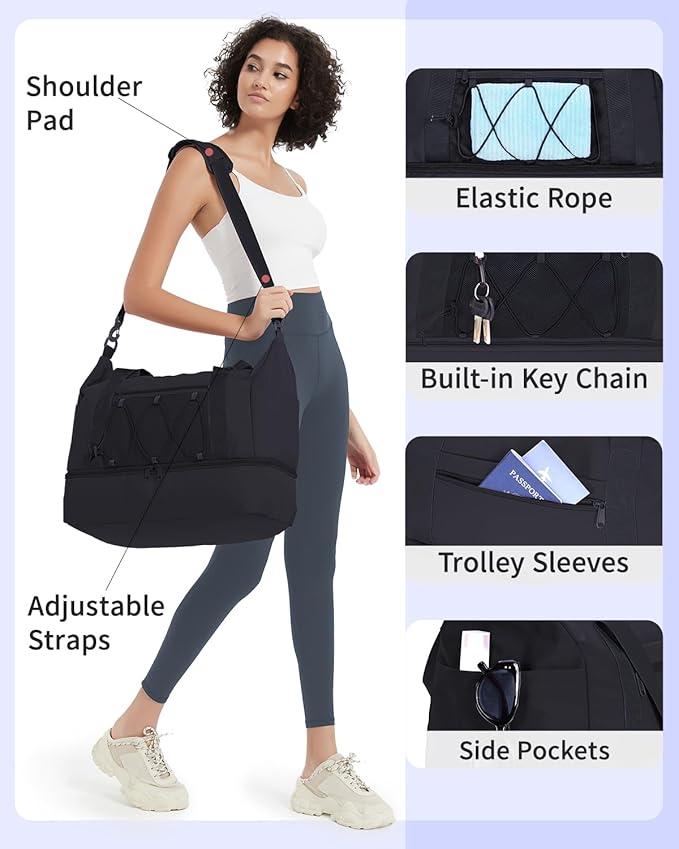 sportsnew Gym Travel Bag for Women, Large Travel Duffel with Shoe Compartment and Wet Pocket, Water Resistant Weekender Overnight Carry on Sports Tote Bags, Black, patent pending