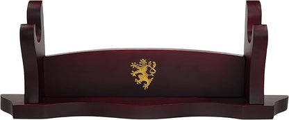 Mythrojan Medieval Sword Stand Solid Wood Horizontal Display Rack for Katana, Samurai, Gladiator, Crusader Swords Elegant Tabletop Holder, 1-Tier - Dark Brown