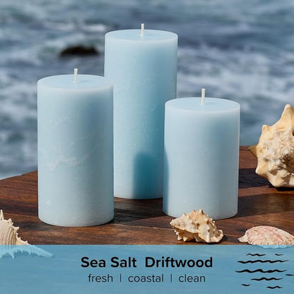Simply Soson 3x6 inch Light Blue Rustic Sea Salt and Driftwood Pillar Scented Candle - 3 Pack - for Home Decor, Aromatherapy, Weddings, Restaurants, Spa,