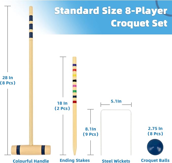 28In Croquet Party Set for 8 Players - Made of Long-Lasting Pine Wood, Family Fun for Backyards, Camping and More, Comes with Colorful Mallets, PE Balls, Wickets, Stakes, and Carrying Bag