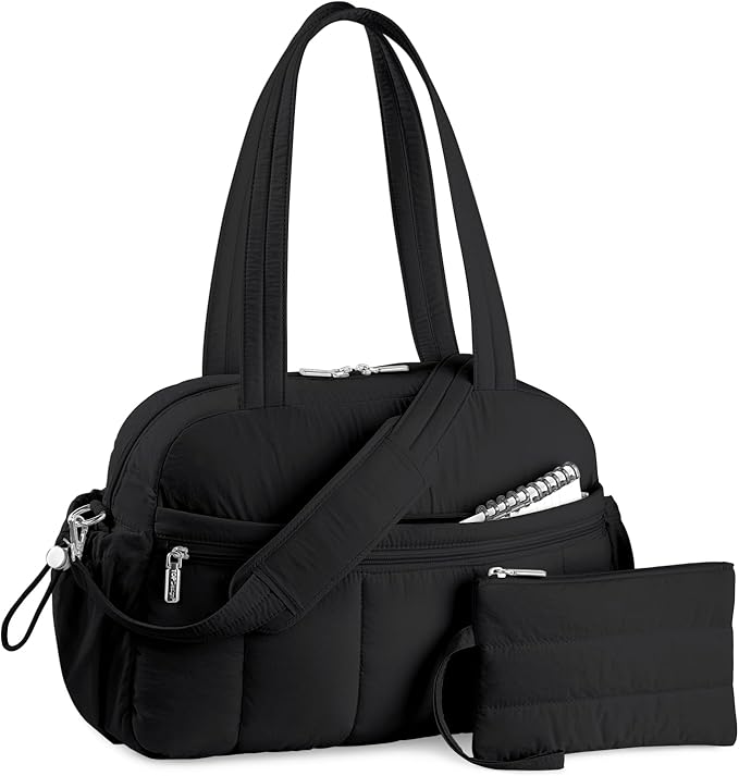 TOPDesign Travel Duffel Bag for Women, Puffer Gym Bag Sports Tote with Wet Pocket, Carry On Weekender with Luggage Sleeve (Black)