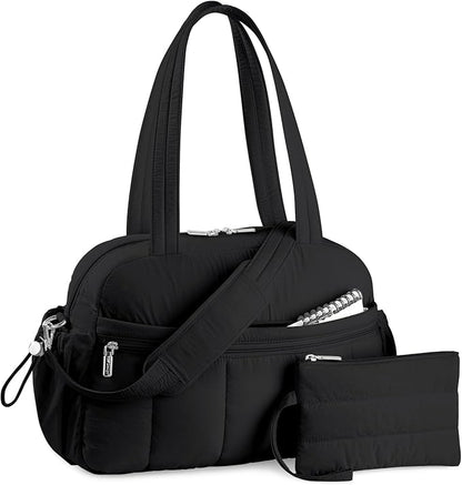 TOPDesign Travel Duffel Bag for Women, Puffer Gym Bag Sports Tote with Wet Pocket, Carry On Weekender with Luggage Sleeve (Black)