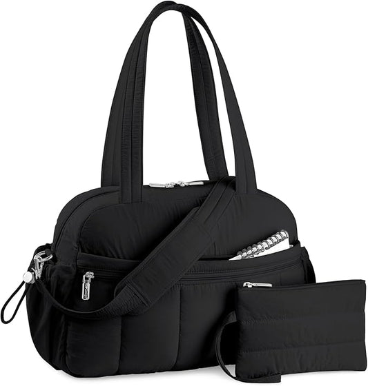 TOPDesign Travel Duffel Bag for Women, Puffer Gym Bag Sports Tote with Wet Pocket, Carry On Weekender with Luggage Sleeve (Black)