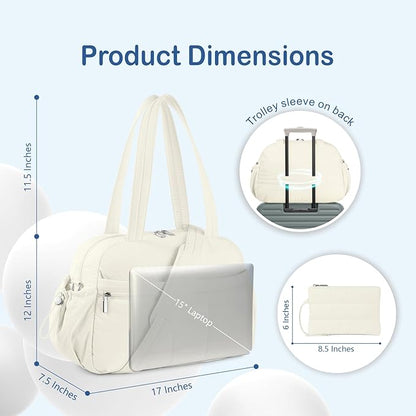 TOPDesign Travel Duffel Bag for Women, Puffer Gym Bag Sports Tote with Wet Pocket, Carry On Weekender with Luggage Sleeve (Ivory White)