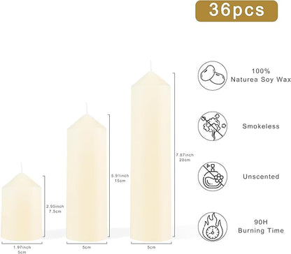 36 Pcs Pillar Candles, Unscented Ivory White Pillar Candles Bulk Set, Long Burning Wax Candles Dripless Smokeless for Wedding Centerpieces, Fireplace, Special Occasion, 2 in by 3, 5.9, 7.8 in