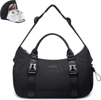 LOVEVOOK Gym Bag for Women Men, duffle bag for travel with shoe compartment, Small Gym Tote Dry Wet Separation, Multipurpose Weekender Overnight Bag, Lightweight Carry On Bags, Black
