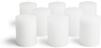 Mottled Pillar Candles by Bask - Set of 8-3" x 4" Dripless Unscented Candles in White for Home Decor, Relaxation & All Occasions