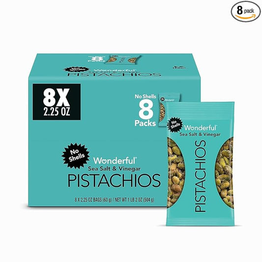 Wonderful Pistachios No Shells, Sea Salt & Vinegar Flavored Nuts, 2.25 Ounce Bag (Pack of 8)