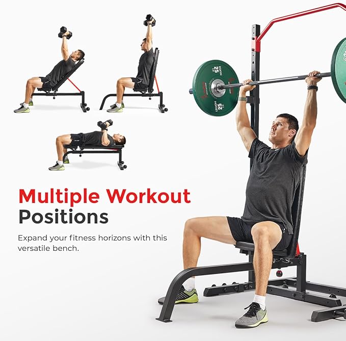 Sunny Health & Fitness Multifunctional Strength Training Home Gym – Complete Workout Equipment with Training Attachments, Optional Squat Stand, Power Rack Cage, Adjustable Incline Bench