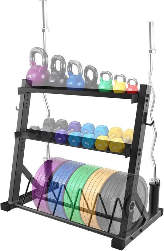 3 Tier Barbell Storage Racks,1000 LBS Capacity Adjustable Weight Rack for Dumbbell, Kettlebell, Barbell Bar(Q235 Carbon Steel)