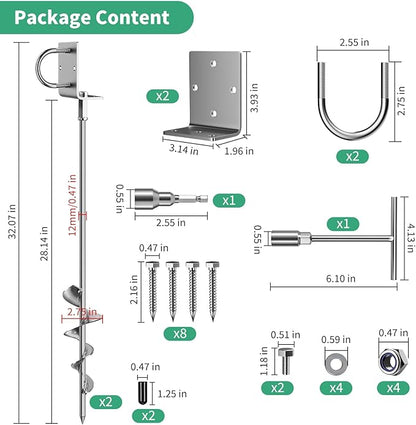 Phopich Multi-Purpose Ground Anchors Screw in, 28in Fully Welded Heavy Duty Trampoline Stakes with Brackets, T-Wrench and Adapter for Drill, Earth Anchor kit for Mobile Home, Trampoline, Shed 2Pack