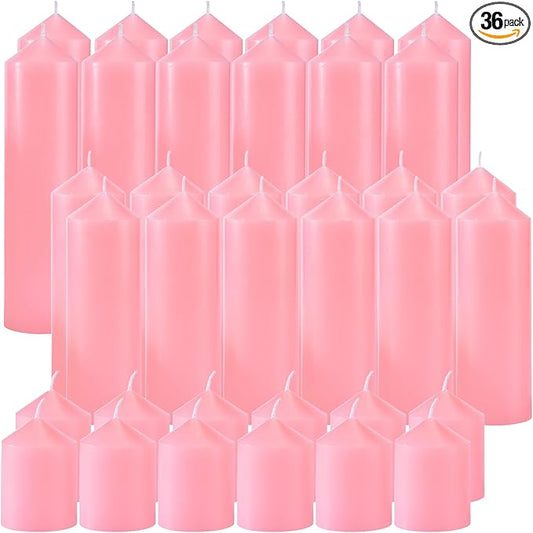 36 Pcs Pink Pillar Candles Bulk Set，Hurricane Candlesï¼? Different Lengths (12 Each)，Dripless Unscented Smokeless，Gives You a Better Atmosphere When Organizing Wedding or Event Party.