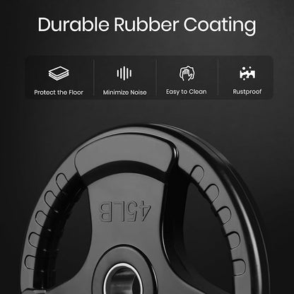 LIONSCOOL 2-Inch Rubber Olympic Grip Weight Plates for Strength Training, Weightlifting, Solid Cast Iron Plate for Barbell in Single/Pair/Set for Home & Gym (2.5-45LB), One Year Warranty