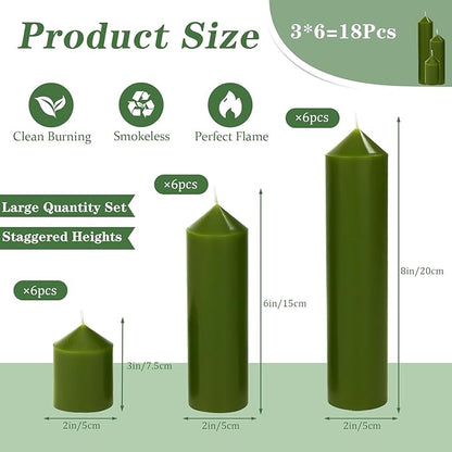 18 Pcs Green Pillar Candles Bulk Set，Hurricane Candlesï¼? Different Lengths (6 Each)，Dripless Unscented Smokeless，Gives You a Better Atmosphere When Organizing Wedding or Event Party.