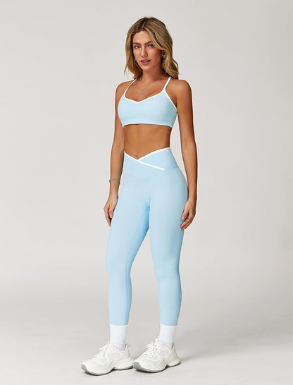 ABOCIW Workout Sets for Women 2 Piece Color Block Strappy Sports Bra High Waist Leggings Gym Yoga Pilates Outfits